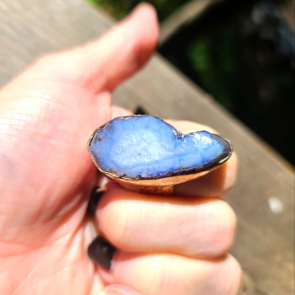 Blue agate slice sterling ring sz7.5